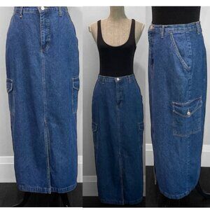 Cotton Ginny Denim Maxi Skirt Cargo Pockets Size Medium